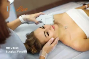Woman having Hi-Fu to reduce wrinkles Llanelli.
