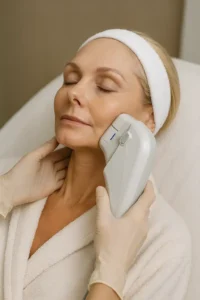 Woman receiving HIFU non surgical facelift treatment Llanelli