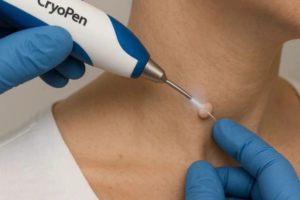 Person receiving cryotherapy Llanelli for skin tag removal
