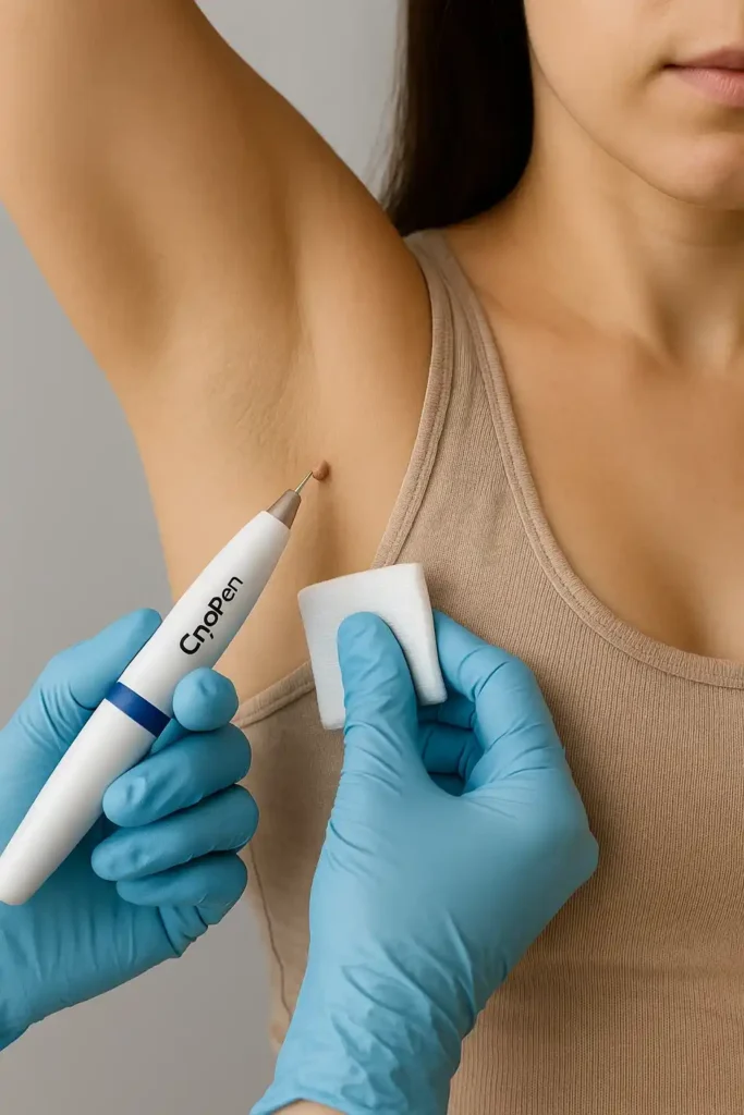 woman having cryopen to remove underarm skin tags Llanelli