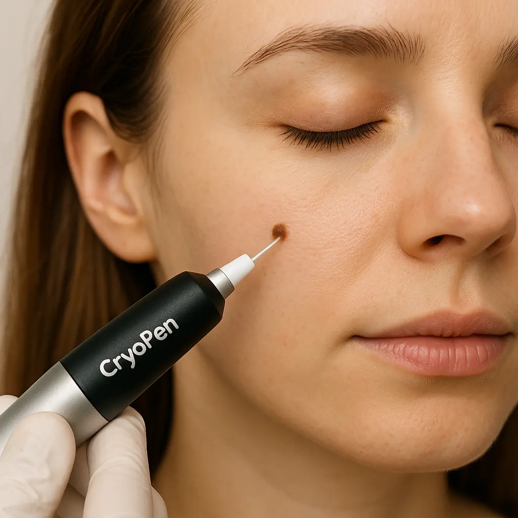 woman receiving facial mole removal Llanelli using cryopen