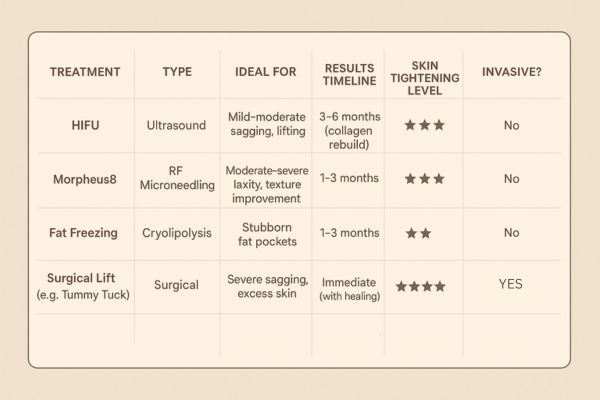 Table showing the comparisons of Skin tightening Llanelli treatment options.